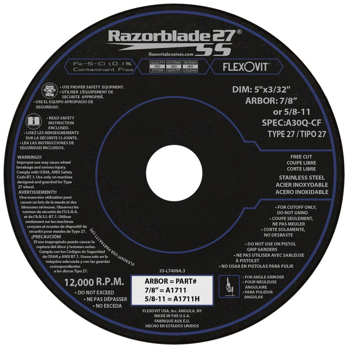 FLEXOVIT - 5" X 3/32" X 7/8" RAZORBLADE 27® SS 30 GRIT ALUMINUM OXIDE GRAIN REINFORCED TYPE 27 DEPRESSED CENTER CUT-OFF WHEEL - A1711