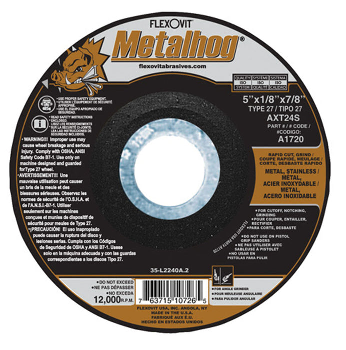 FLEXOVIT - 5" X 1/8" X 7/8" METALHOG™ 24 GRIT PREMIUM BLEND GRAIN REINFORCED TYPE 27 DEPRESSED CENTER COMBINATION WHEEL - A1720