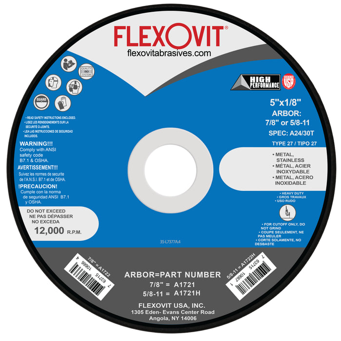FLEXOVIT - 5" X 1/8" X 7/8" HIGH PERFORMANCE™ 24- GRIT ALUMINUM OXIDE GRAIN REINFORCED TYPE 27 DEPRESSED CENTER CUT-OFF WHEEL - A1721
