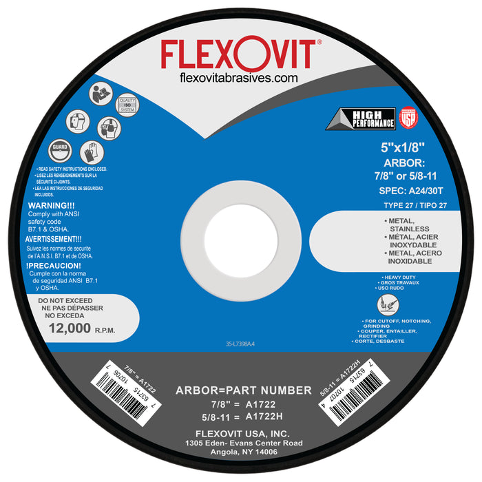 FLEXOVIT - 5" X 1/8" X 7/8" HIGH PERFORMANCE™ 24- GRIT ALUMINUM OXIDE GRAIN REINFORCED TYPE 27 DEPRESSED CENTER COMBINATION WHEEL - A1722