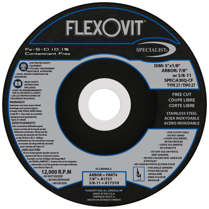 FLEXOVIT - 5" X 1/8" X 7/8" SPECIALIST® STAINLESS STEEL 30 GRIT ALUMINUM OXIDE GRAIN REINFORCED TYPE 27 DEPRESSED CENTER CUT-OFF WHEEL - A1731