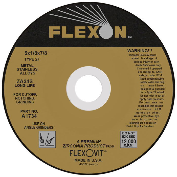 FLEXOVIT - 5" X 1/8" X 5/8" - 11 BLACK GOLD® 24 GRIT ZIRCONIA CERAMIC GRAIN REINFORCED TYPE 27 SPIN-ON DEPRESSED CENTER COMBINATION WHEEL - A1734H
