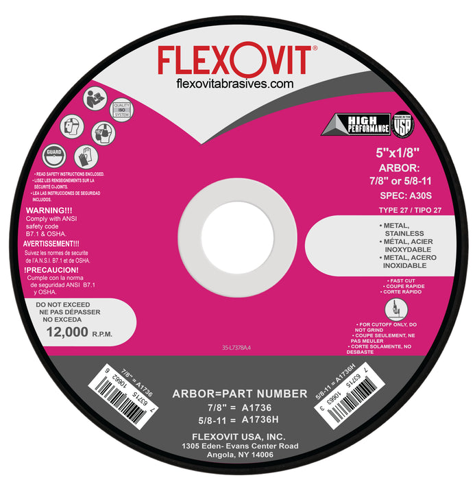 FLEXOVIT - 5" X 1/8" X 7/8" HIGH PERFORMANCE™ 30 GRIT ALUMINUM OXIDE GRAIN REINFORCED TYPE 27 DEPRESSED CENTER CUT-OFF WHEEL - A1736