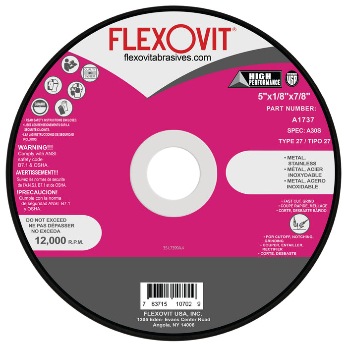 FLEXOVIT - 5" X 1/8" X 7/8" HIGH PERFORMANCE™ 30 GRIT ALUMINUM OXIDE GRAIN REINFORCED TYPE 27 DEPRESSED CENTER COMBINATION WHEEL - A1737