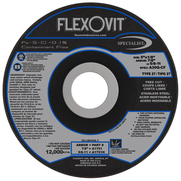 FLEXOVIT - 5" X 1/8" X 5/8" - 11 SPECIALIST® STAINLESS STEEL 30 GRIT ALUMINUM OXIDE GRAIN REINFORCED TYPE 27 SPIN-ON DEPRESSED CENTER COMBINATION WHEEL - A1751H