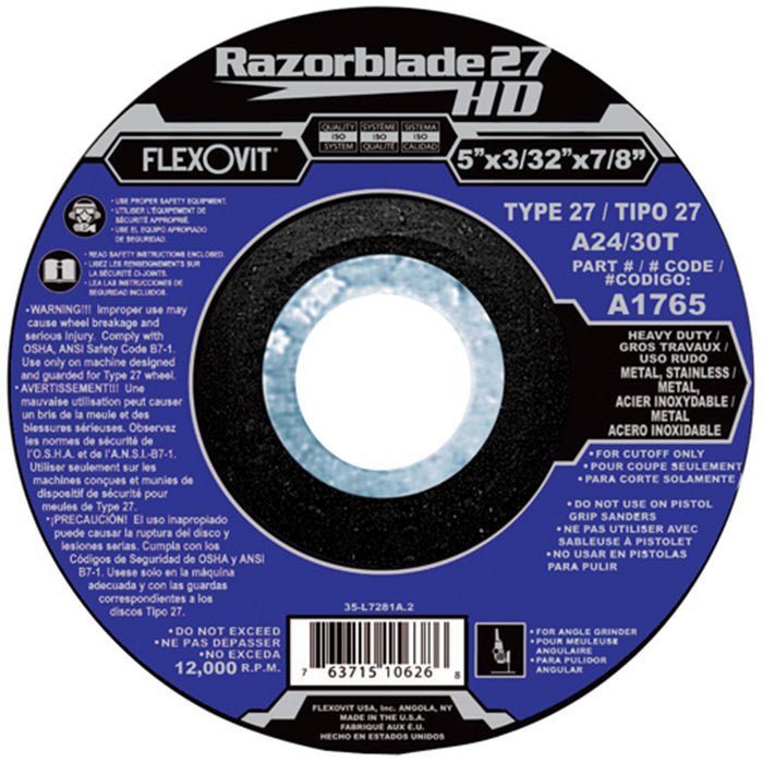 FLEXOVIT - 5" X 3/32" X 7/8" RAZORBLADE 27® 24- GRIT ALUMINUM OXIDE GRAIN REINFORCED TYPE 27 DEPRESSED CENTER CUT-OFF WHEEL - A1765
