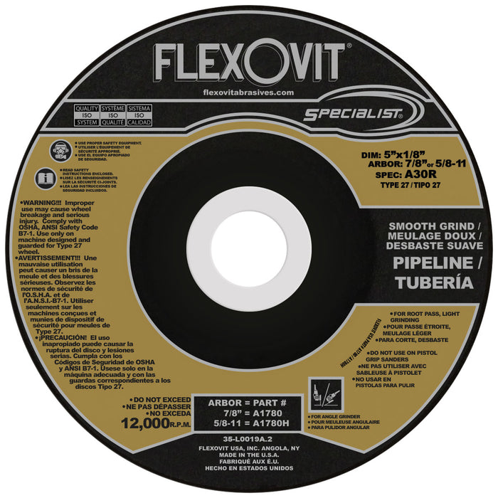 FLEXOVIT - 5" X 1/8" X 5/8" - 11 SPECIALIST® PIPELINE 30 GRIT ALUMINUM OXIDE GRAIN REINFORCED TYPE 27 SPIN-ON DEPRESSED CENTER COMBINATION WHEEL - A1780H