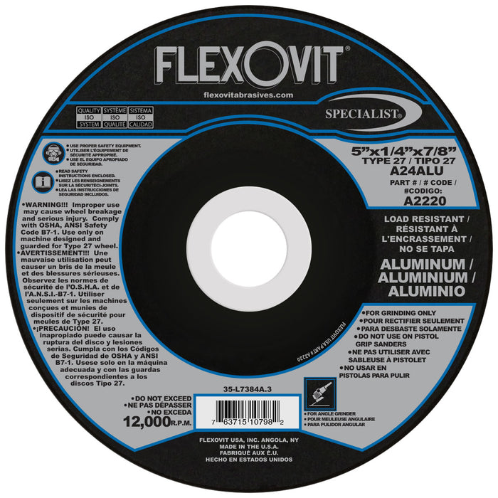 FLEXOVIT - 5" X 1/4" X 7/8" SPECIALIST® ALUMINUM 24 GRIT ALUMINUM OXIDE GRAIN REINFORCED TYPE 27 DEPRESSED CENTER GRINDING WHEEL - A2220