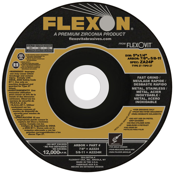 FLEXOVIT - 5" X 1/4" X 7/8" FLEXON® 24 GRIT ZIRCONIA ALUMINA GRAIN REINFORCED TYPE 27 DEPRESSED CENTER GRINDING WHEEL - A2224