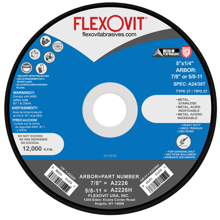 FLEXOVIT - 5" X 1/4" X 5/8" - 11 HIGH PERFORMANCE™ 24- GRIT ALUMINUM OXIDE GRAIN REINFORCED TYPE 27 SPIN-ON DEPRESSED CENTER GRINDING WHEEL - A2226H