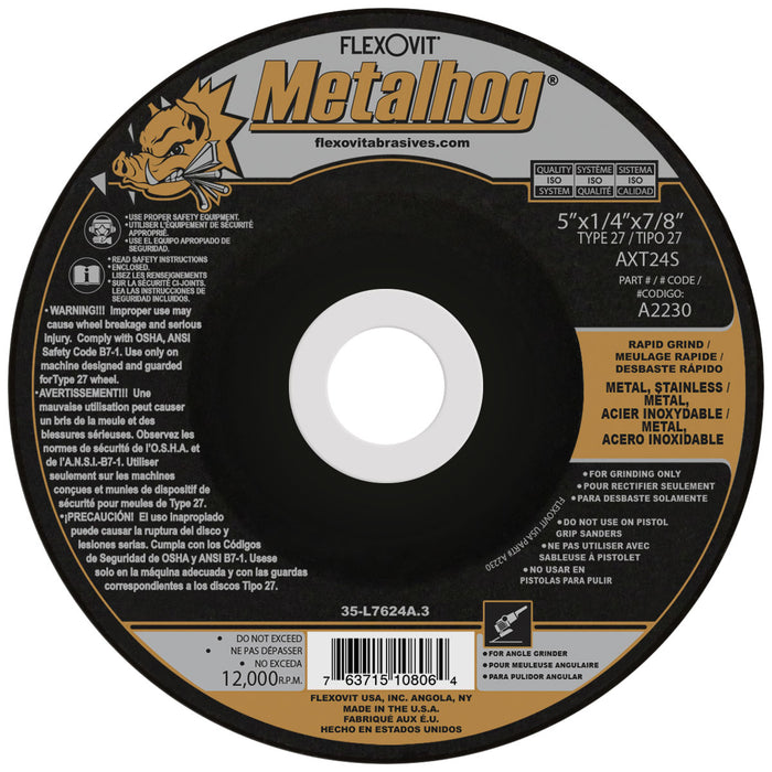 FLEXOVIT - 5" X 1/4" X 5/8" - 11 METALHOG® 24 GRIT PREMIUM BLEND GRAIN REINFORCED TYPE 27 SPIN-ON DEPRESSED CENTER GRINDING WHEEL - A2230H