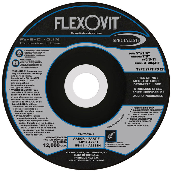FLEXOVIT - 5" X 1/4" X 7/8" SPECIALIST® STAINLESS STEEL 30 GRIT ALUMINUM OXIDE GRAIN REINFORCED TYPE 27 DEPRESSED CENTER GRINDING WHEEL - A2231