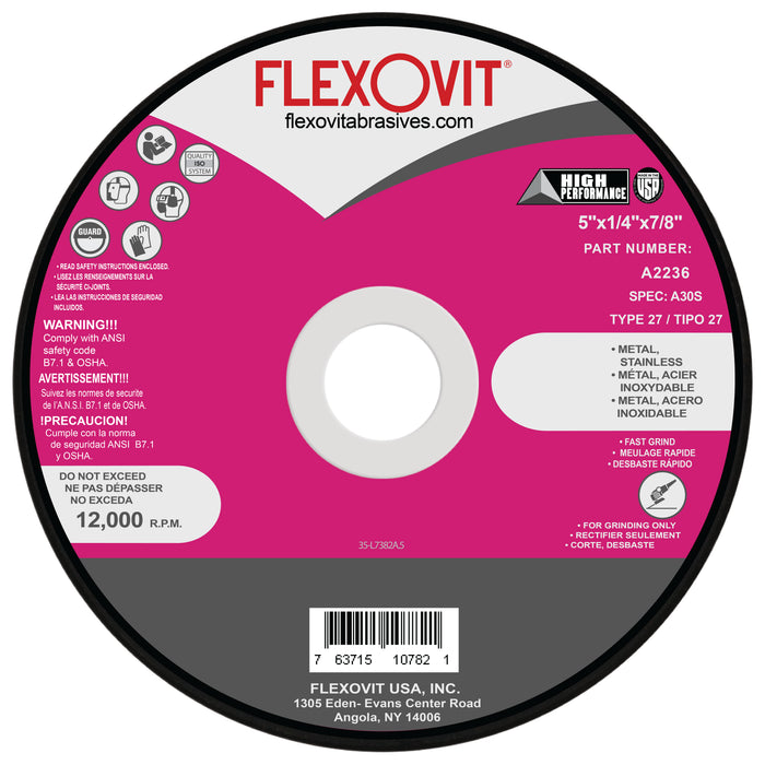 FLEXOVIT - 5" X 1/4" X 7/8" HIGH PERFORMANCE™ 30 GRIT ALUMINUM OXIDE GRAIN REINFORCED TYPE 27 DEPRESSED CENTER GRINDING WHEEL - A2236