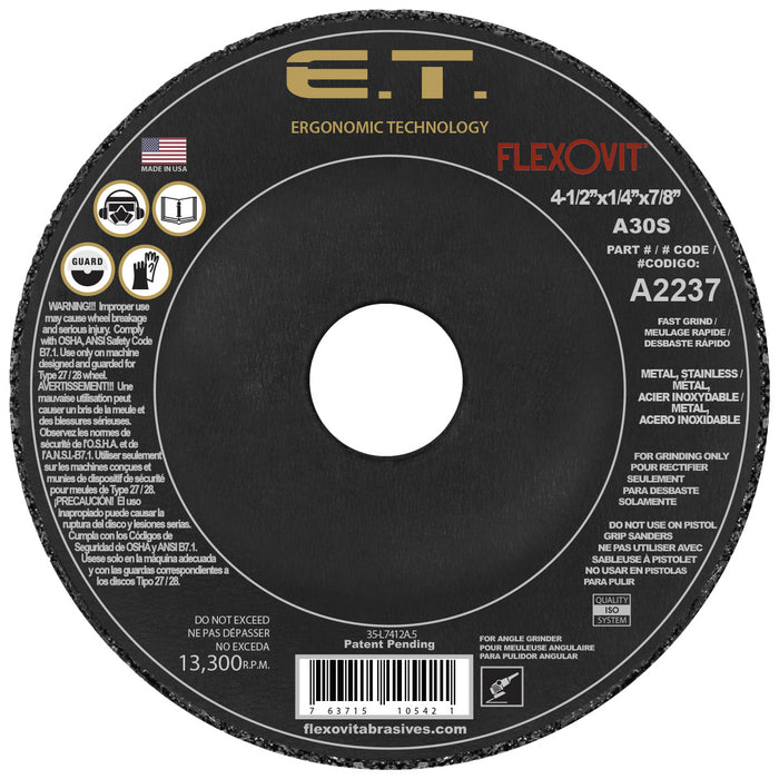 FLEXOVIT - E.T.™ 5"X1/4"X7/8" A30S DEPRESSED CENTER GRINDING WHEEL - A2237