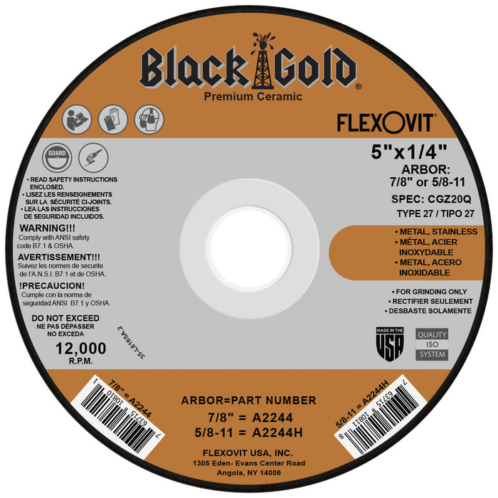 FLEXOVIT - 5" X 1/4" X 7/8" BLACK GOLD® 20 GRIT ZIRCONIA & CERAMIC GRAIN REINFORCED TYPE 27 DEPRESSED CENTER GRINDING WHEEL - A2244