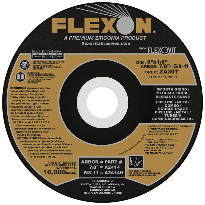 FLEXOVIT - 6" X 1/8" X 7/8" FLEXON® 30 GRIT ZIRCONIA ALUMINA GRAIN REINFORCED TYPE 27 DEPRESSED CENTER COMBINATION WHEEL - A2414
