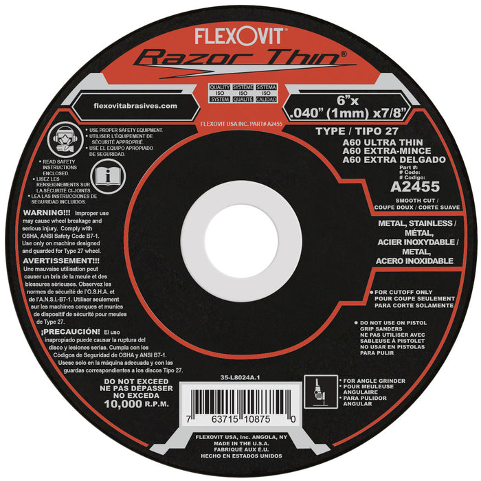 FLEXOVIT - 6" X .040" X 7/8" RAZORTHIN® 60 GRIT ALUMINUM OXIDE GRAIN REINFORCED TYPE 27 DEPRESSED CENTER CUT-OFF WHEEL - A2455