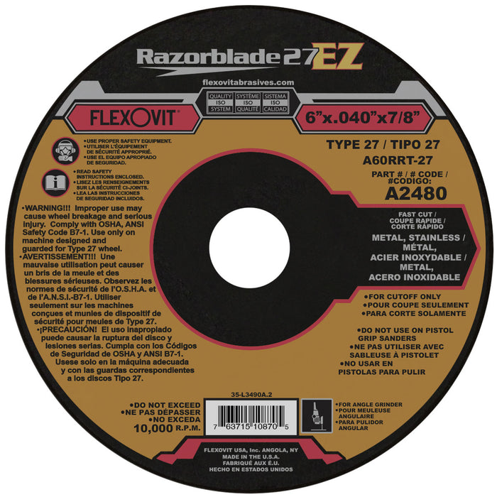 FLEXOVIT - 6" X .040" X 7/8" RAZORBLADE 27® EZ 60 GRIT ALUMINUM OXIDE GRAIN REINFORCED TYPE 27 DEPRESSED CENTER CUT-OFF WHEEL - A2480