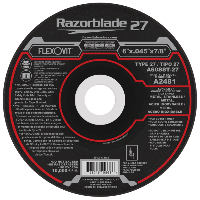 FLEXOVIT - 6" X .045" X 7/8" RAZORBLADE 27® 60 GRIT ALUMINUM OXIDE GRAIN REINFORCED TYPE 27 DEPRESSED CENTER CUT-OFF WHEEL - A2481