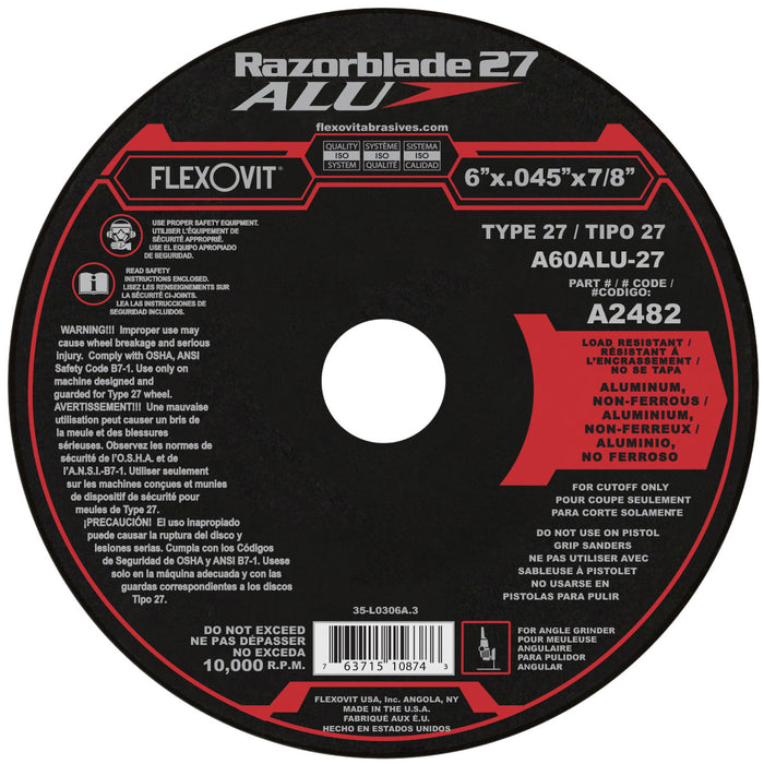FLEXOVIT - 6" X .045" X 7/8" RAZORBLADE 27® ALU 60 GRIT ALUMINUM OXIDE GRAIN REINFORCED TYPE 27 DEPRESSED CENTER CUT-OFF WHEEL - A2482
