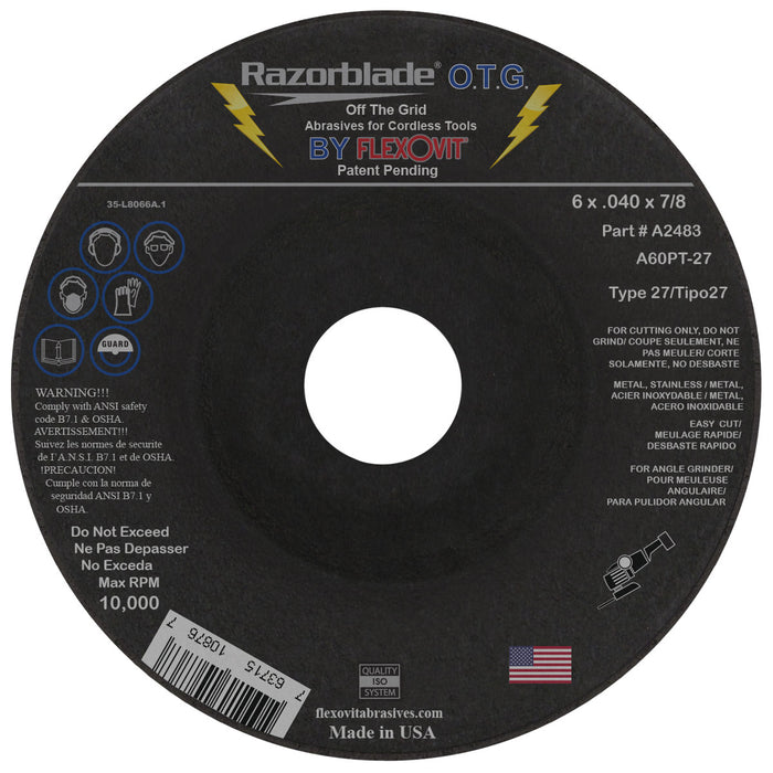 FLEXOVIT - 6" X .040" X 7/8" RAZORBLADE® OFF THE GRID™ 60 GRIT ALUMINUM OXIDE GRAIN REINFORCED TYPE 27 DEPRESSED CENTER CUT-OFF WHEEL - A2483