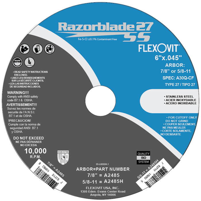 FLEXOVIT - RAZORBLADE® 6" X .045" X 5/8-11 TYPE 27/42 SPIN-ON A30Q-CF CUTOFF WHEEL - A2485H