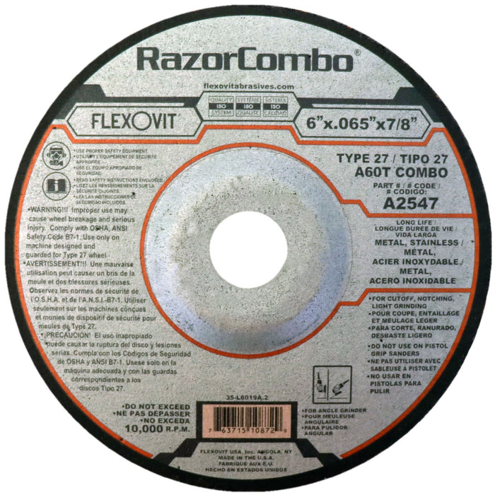 FLEXOVIT - 6" X .065" X 7/8" RAZORCOMBO® 60 GRIT ALUMINUM OXIDE GRAIN REINFORCED TYPE 27 DEPRESSED CENTER CUT-OFF WHEEL - A2547