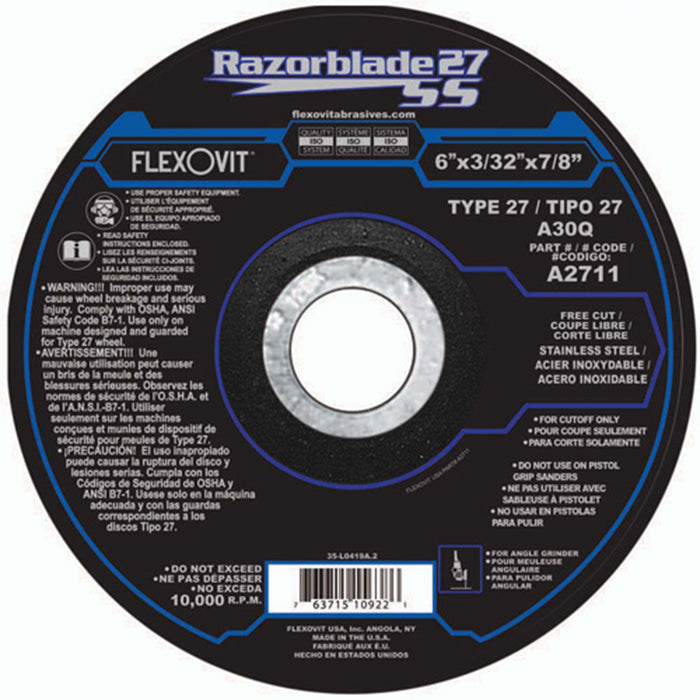 FLEXOVIT - 6" X 3/32" X 7/8" RAZORBLADE 27® SS 30 GRIT ALUMINUM OXIDE GRAIN REINFORCED TYPE 27 DEPRESSED CENTER CUT-OFF WHEEL - A2711