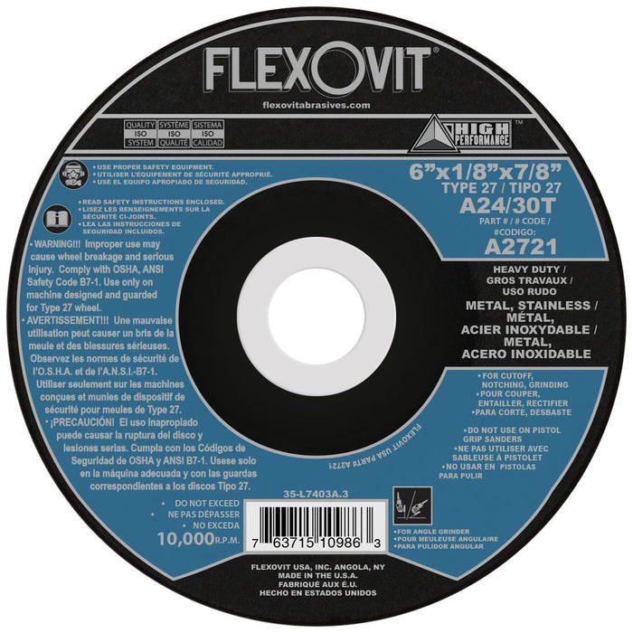 FLEXOVIT - 6" X 1/8" X 7/8" HIGH PERFORMANCE™ 24- GRIT ALUMINUM OXIDE GRAIN REINFORCED TYPE 27 DEPRESSED CENTER COMBINATION WHEEL - A2721