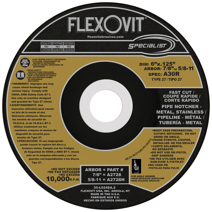 FLEXOVIT - 6" X 1/8" X 7/8" SPECIALIST® PIPELINE 30 GRIT ALUMINUM OXIDE GRAIN REINFORCED TYPE 27 DEPRESSED CENTER CUT-OFF WHEEL - A2728