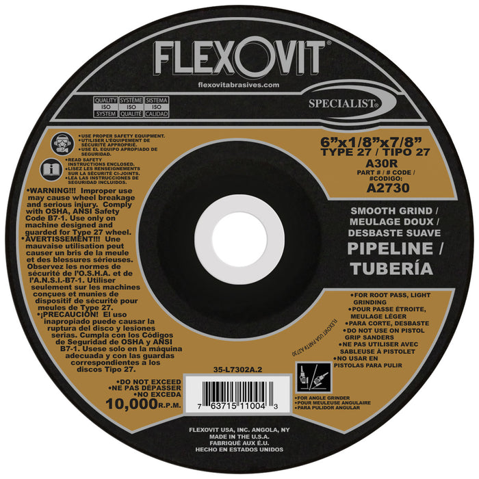 FLEXOVIT - 6" X 1/8" X 7/8" SPECIALIST® PIPELINE 30 GRIT ALUMINUM OXIDE GRAIN REINFORCED TYPE 27 DEPRESSED CENTER COMBINATION WHEEL - A2730