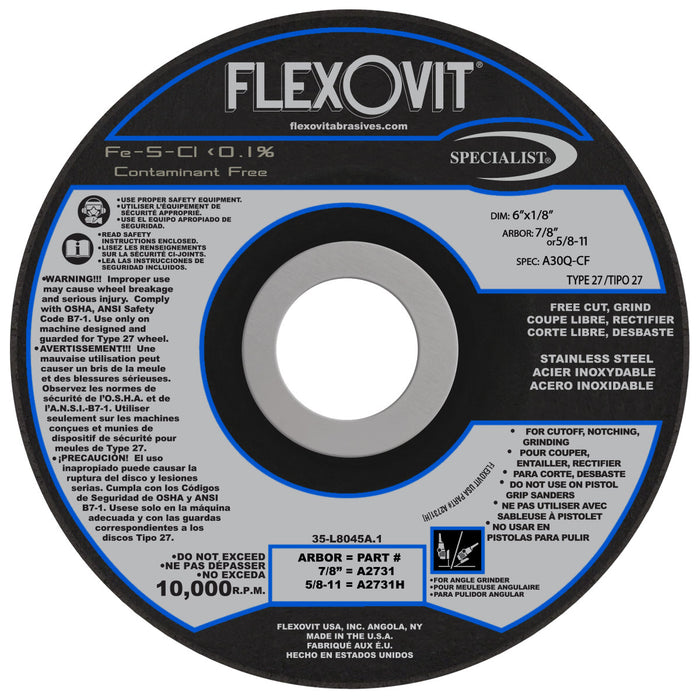 FLEXOVIT - 6" X 1/8" X 5/8" - 11 SPECIALIST® STAINLESS STEEL 30 GRIT ALUMINUM OXIDE GRAIN REINFORCED TYPE 27 SPIN-ON DEPRESSED CENTER COMBINATION WHEEL - A2731H