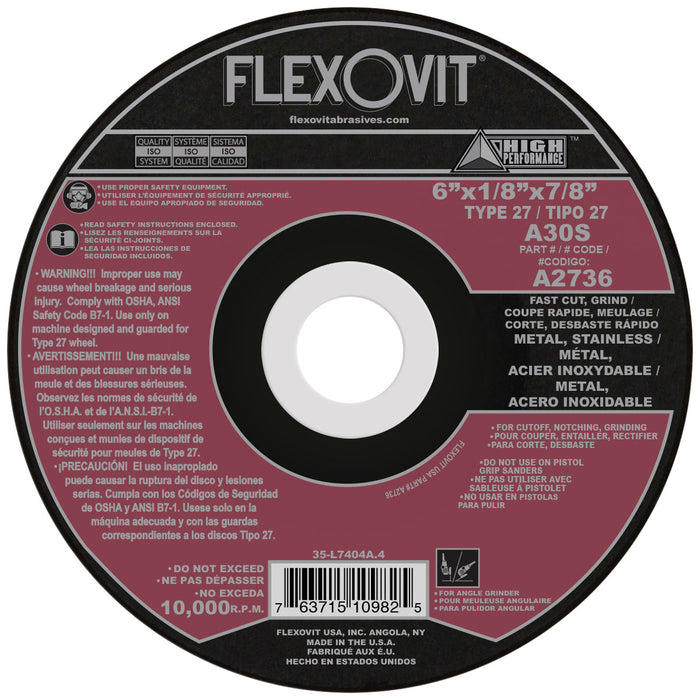 FLEXOVIT - 6" X 1/8" X 7/8" HIGH PERFORMANCE™ 30 GRIT ALUMINUM OXIDE GRAIN REINFORCED TYPE 27 DEPRESSED CENTER COMBINATION WHEEL - A2736