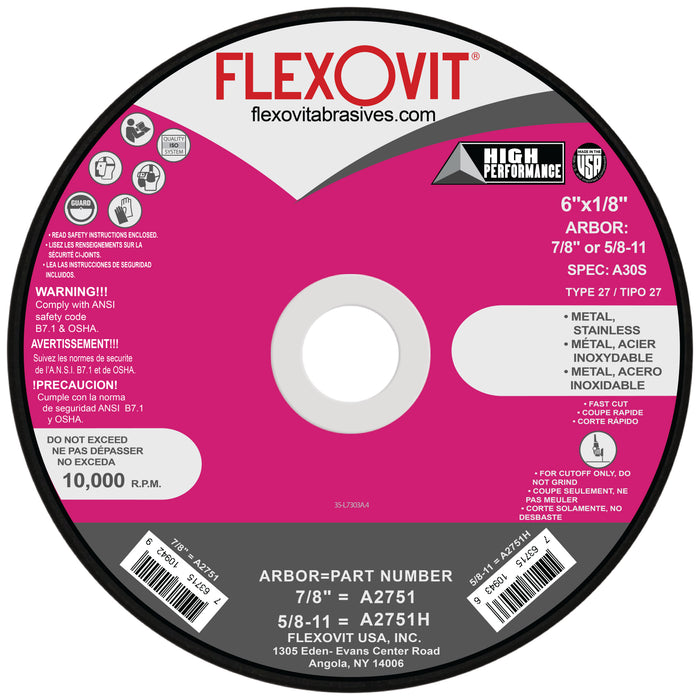 FLEXOVIT - 6" X 1/8" X 7/8" HIGH PERFORMANCE™ 30 GRIT ALUMINUM OXIDE GRAIN REINFORCED TYPE 27 DEPRESSED CENTER CUT-OFF WHEEL - A2751