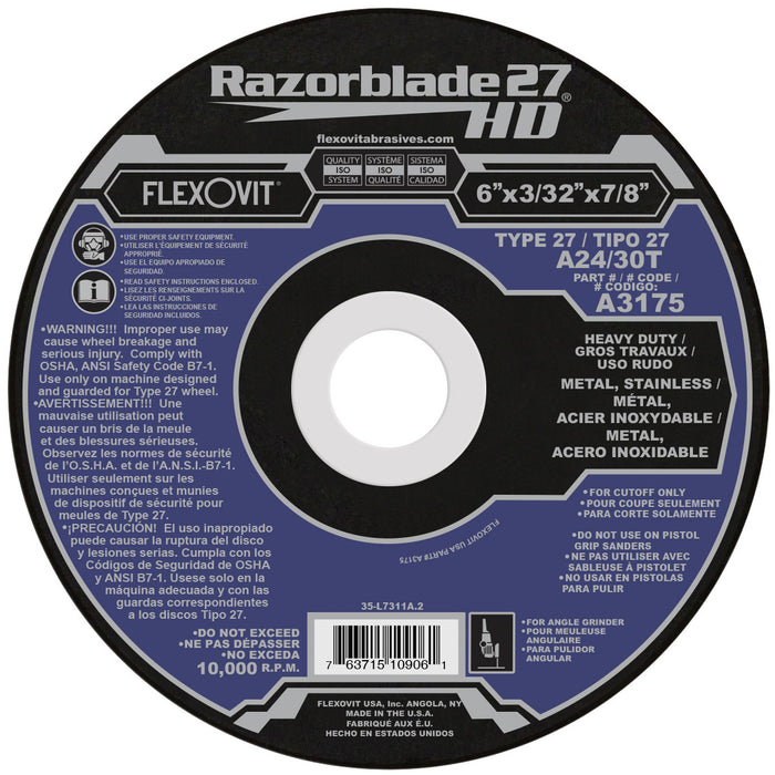 FLEXOVIT - 6" X 3/32" X 7/8" RAZORBLADE 27® 24- GRIT ALUMINUM OXIDE GRAIN REINFORCED TYPE 27 DEPRESSED CENTER CUT-OFF WHEEL - A3175
