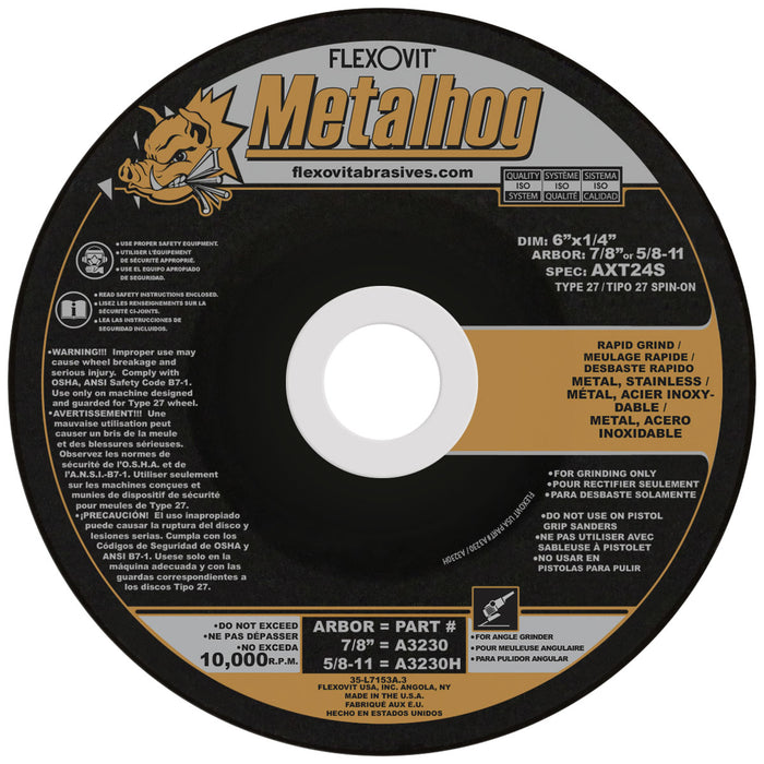 FLEXOVIT - 6" X 1/4" X 5/8" - 11 METALHOG® 24 GRIT PREMIUM BLEND GRAIN REINFORCED TYPE 27 SPIN-ON DEPRESSED CENTER GRINDING WHEEL - A3230H