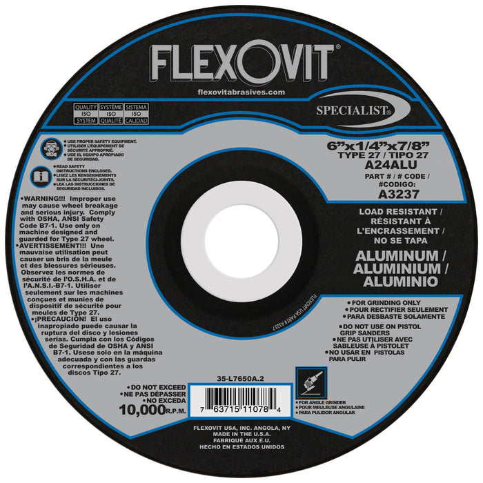 FLEXOVIT - 6" X 1/4" X 7/8" SPECIALIST® ALUMINUM 24 GRIT ALUMINUM OXIDE GRAIN REINFORCED TYPE 27 DEPRESSED CENTER GRINDING WHEEL - A3237