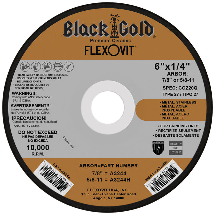 FLEXOVIT - 6" X 1/4" X 5/8" - 11 BLACK GOLD® 20 GRIT ZIRCONIA & CERAMIC GRAIN REINFORCED TYPE 27 SPIN-ON DEPRESSED CENTER GRINDING WHEEL - A3244H