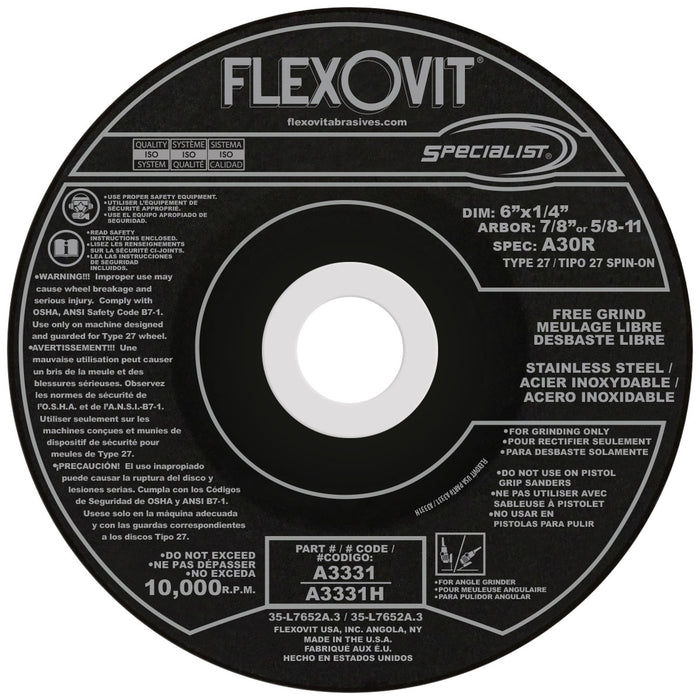 FLEXOVIT - 6" X 1/4" X 7/8" SPECIALIST® STAINLESS STEEL 24 GRIT ALUMINUM OXIDE GRAIN REINFORCED TYPE 27 DEPRESSED CENTER GRINDING WHEEL - A3331