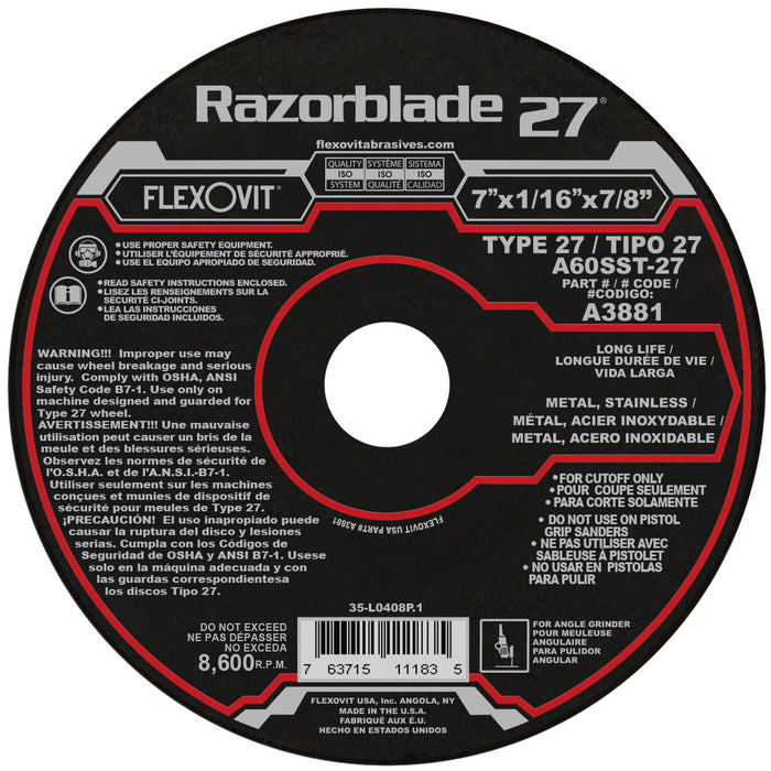 FLEXOVIT - 7" X 1/16" X 7/8" RAZORBLADE 27® 60 GRIT ALUMINUM OXIDE GRAIN REINFORCED TYPE 27 DEPRESSED CENTER CUT-OFF WHEEL - A3881