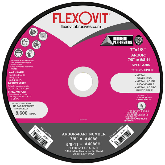 FLEXOVIT - 7" X 1/8" X 7/8" HIGH PERFORMANCE™ 30 GRIT ALUMINUM OXIDE GRAIN REINFORCED TYPE 27 DEPRESSED CENTER CUT-OFF WHEEL - A4086