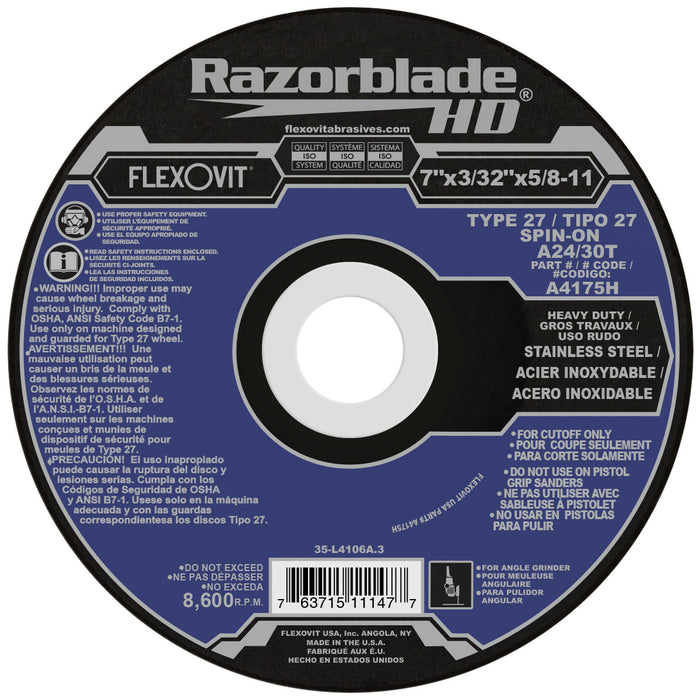 FLEXOVIT - 7" X 3/32" X 7/8" RAZORBLADE 27® 24- GRIT ALUMINUM OXIDE GRAIN REINFORCED TYPE 27 DEPRESSED CENTER CUT-OFF WHEEL - A4175