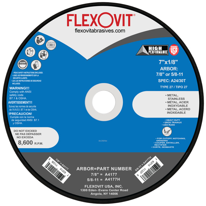 FLEXOVIT - 7" X 1/8" X 7/8" HIGH PERFORMANCE™ 24- GRIT ALUMINUM OXIDE GRAIN REINFORCED TYPE 27 DEPRESSED CENTER COMBINATION WHEEL - A4177