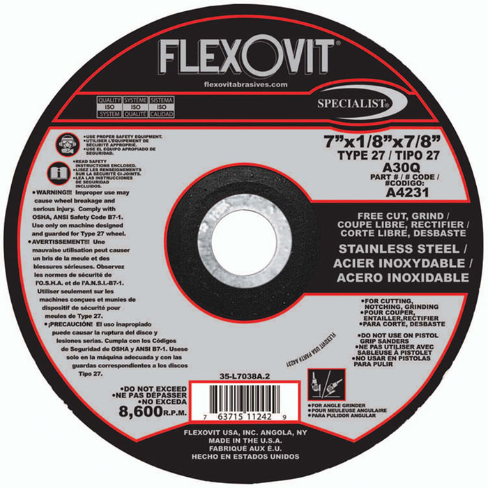 FLEXOVIT - 7" X 1/8" X 7/8" SPECIALIST® STAINLESS STEEL 30 GRIT ALUMINUM OXIDE GRAIN REINFORCED TYPE 27 DEPRESSED CENTER COMBINATION WHEEL - A4231