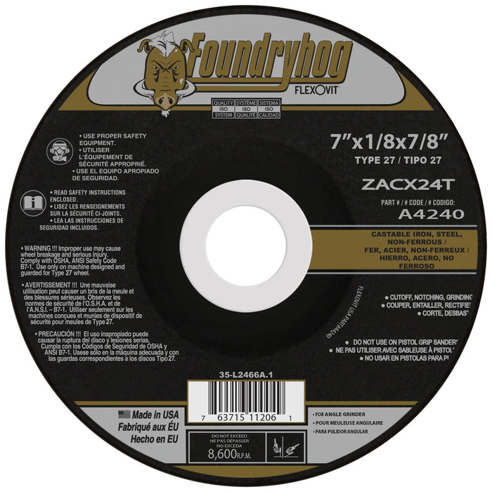 FLEXOVIT - 7" X 1/8" X 5/8" - 11 FOUNDRYHOG™ 24 GRIT PREMIUM BLEND GRAIN REINFORCED TYPE 27 SPIN-ON DEPRESSED CENTER COMBINATION WHEEL - A4240H
