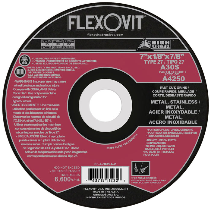 FLEXOVIT - 7" X 1/8" X 7/8" HIGH PERFORMANCE™ 30 GRIT ALUMINUM OXIDE GRAIN REINFORCED TYPE 27 DEPRESSED CENTER COMBINATION WHEEL - A4250