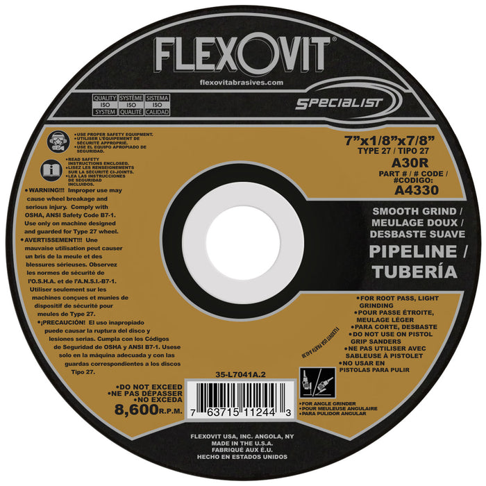 FLEXOVIT - 7" X 1/8" X 5/8" - 11 SPECIALIST® PIPELINE 30 GRIT ALUMINUM OXIDE GRAIN REINFORCED TYPE 27 SPIN-ON DEPRESSED CENTER COMBINATION WHEEL - A4330H