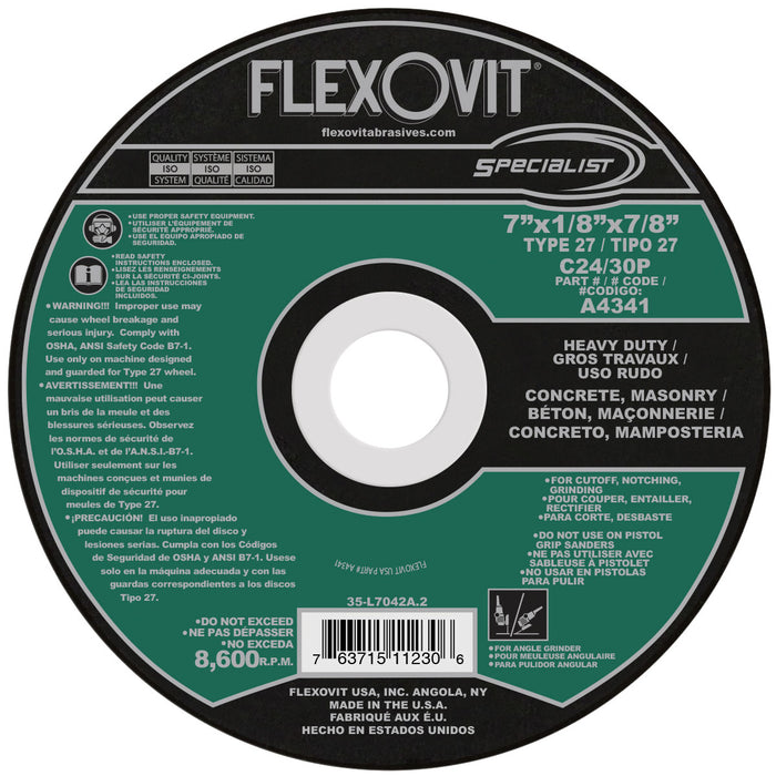 FLEXOVIT - 7" X 1/8" X 7/8" SPECIALIST® CONCRETE 24- GRIT SILICON CARBIDE GRAIN REINFORCED TYPE 27 DEPRESSED CENTER COMBINATION WHEEL - A4341