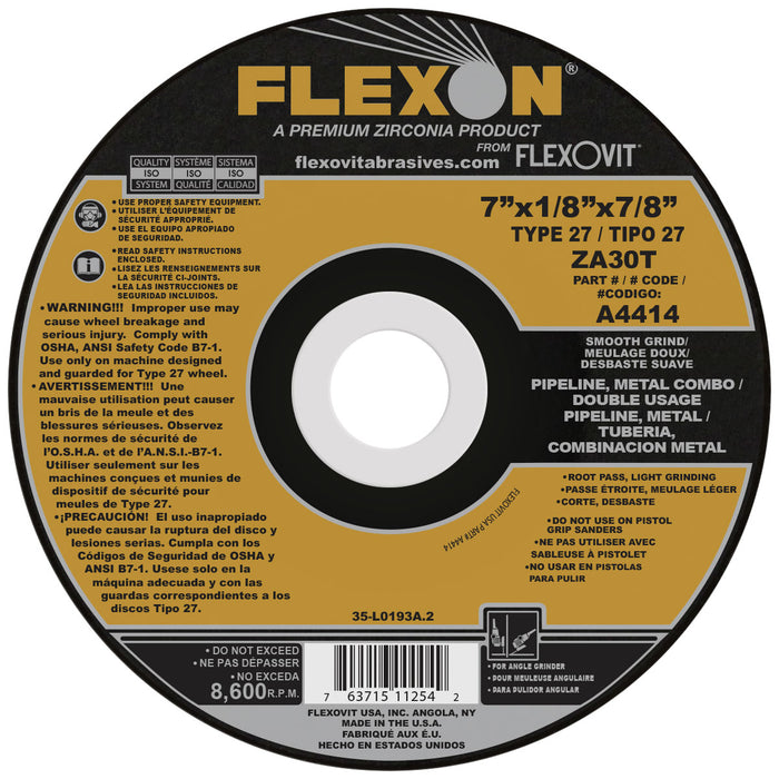 FLEXOVIT - 7" X 1/8" X 7/8" FLEXON® 30 GRIT ZIRCONIA ALUMINA GRAIN REINFORCED TYPE 27 DEPRESSED CENTER COMBINATION WHEEL - A4414