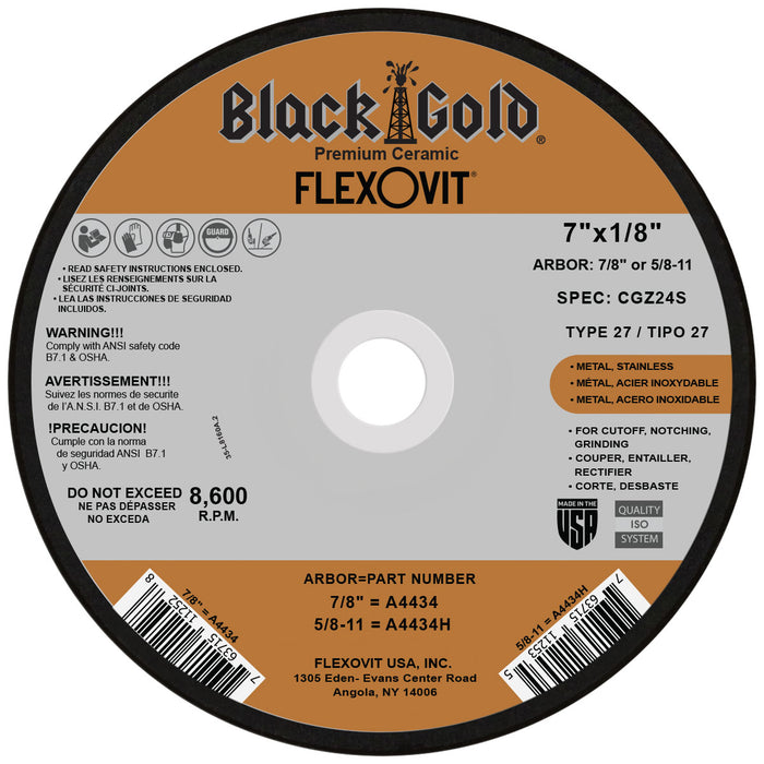 FLEXOVIT - 7" X 1/8" X 5/8" - 11 BLACK GOLD® 24 GRIT ZIRCONIA CERAMIC GRAIN REINFORCED TYPE 27 SPIN-ON DEPRESSED CENTER COMBINATION WHEEL - A4434H